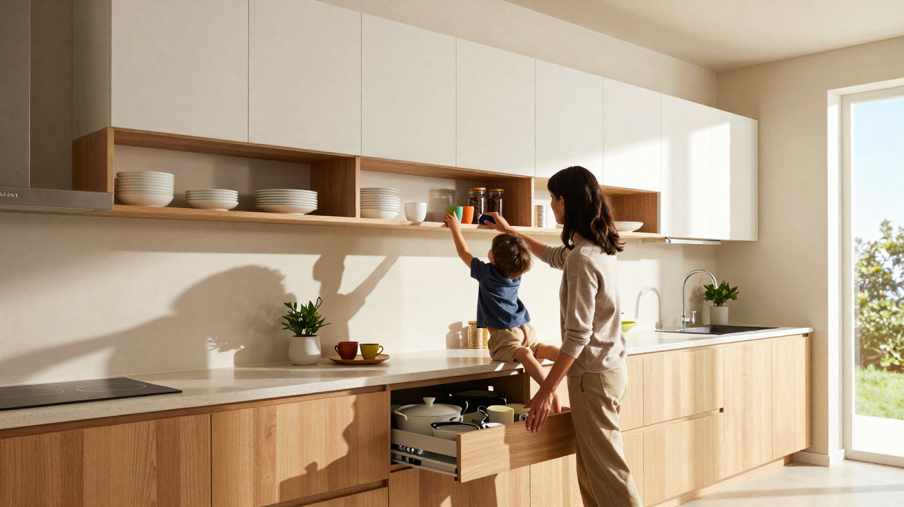 Mulher ajudando criança a pegar copos em armário de cozinha moderna com armários claros.