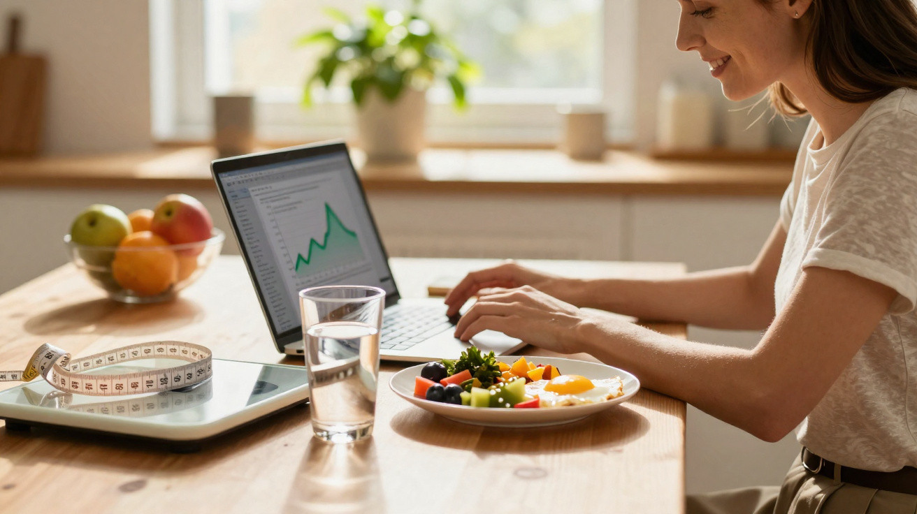 Pessoa sentada à mesa com laptop, prato de comida saudável, copo d'água, balança e fita métrica.