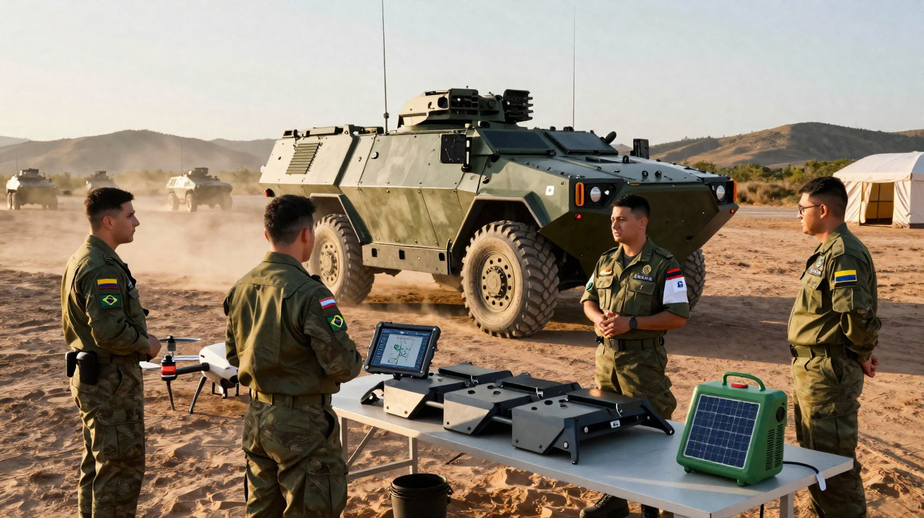 Quatro soldados em uniforme com equipamento tecnológico próximo a veículo blindado em terreno árido.
