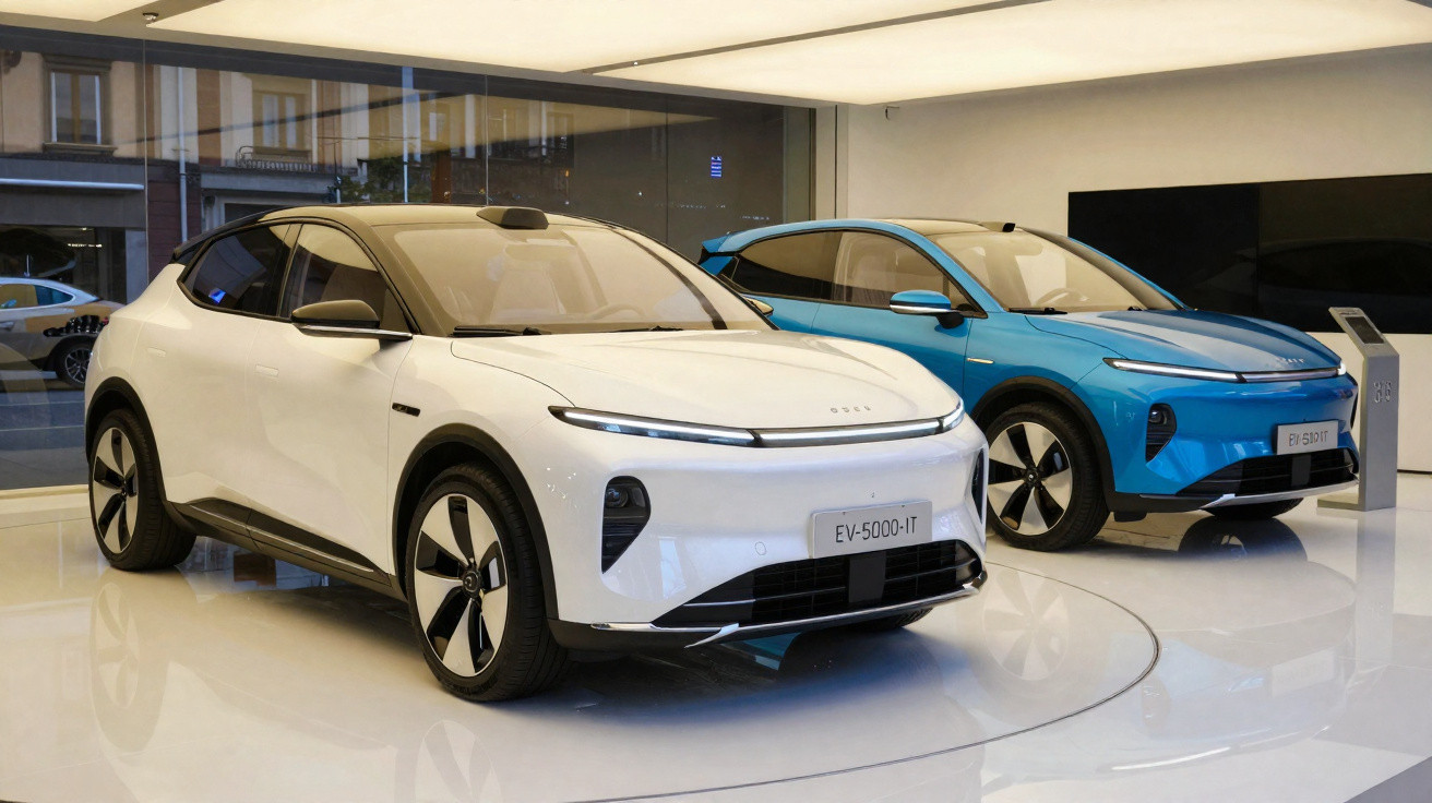 Dois carros elétricos modernos, um branco e um azul, exibidos em showroom com piso espelhado.