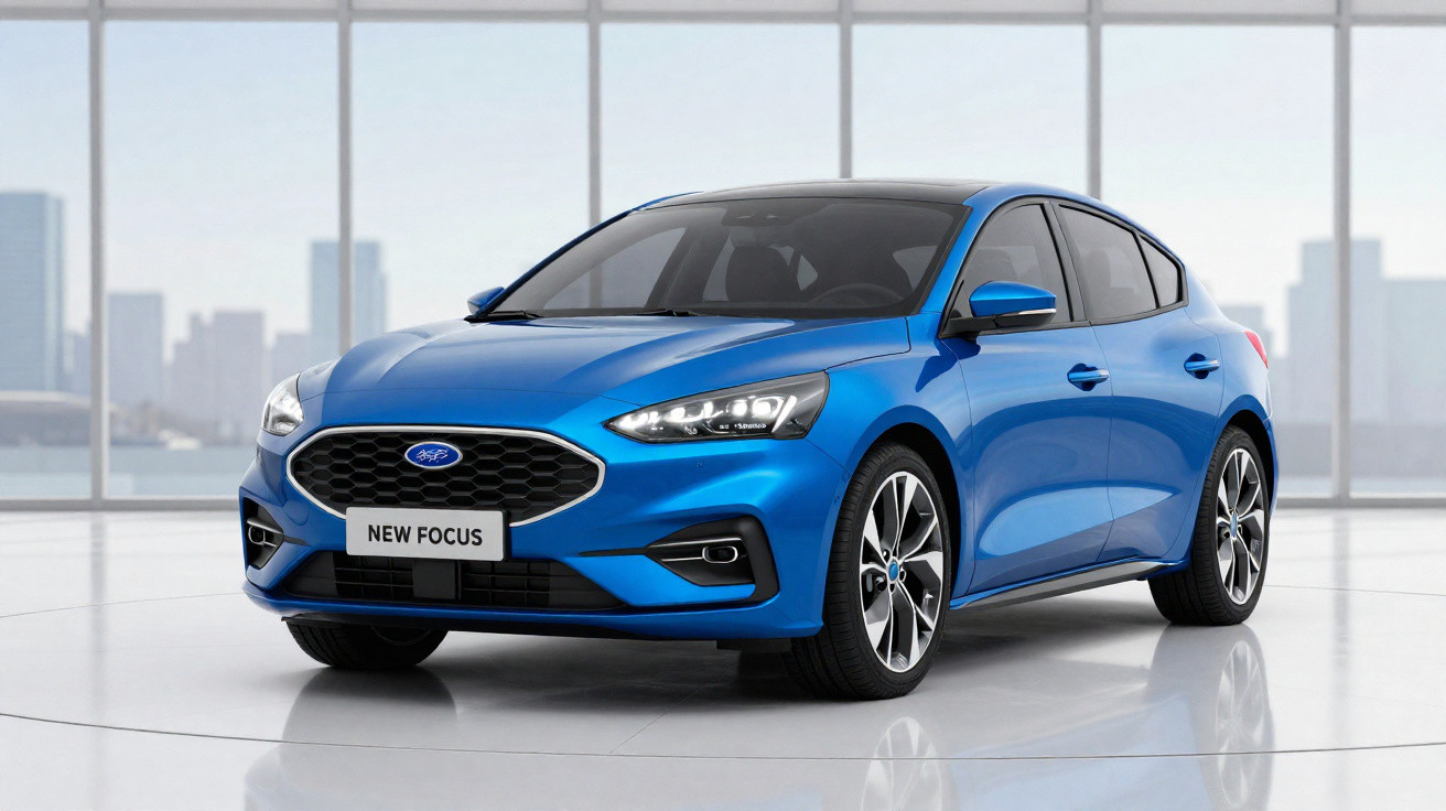 Carro azul Ford New Focus hatchback estacionado em ambiente interno claro e moderno.