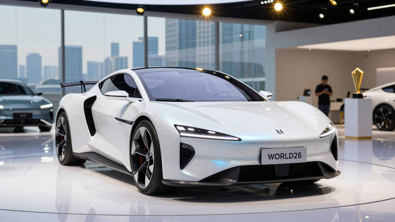 Carro esportivo elétrico branco em exposição, com roda preta e placa "WORLD26" em ambiente interno moderno.