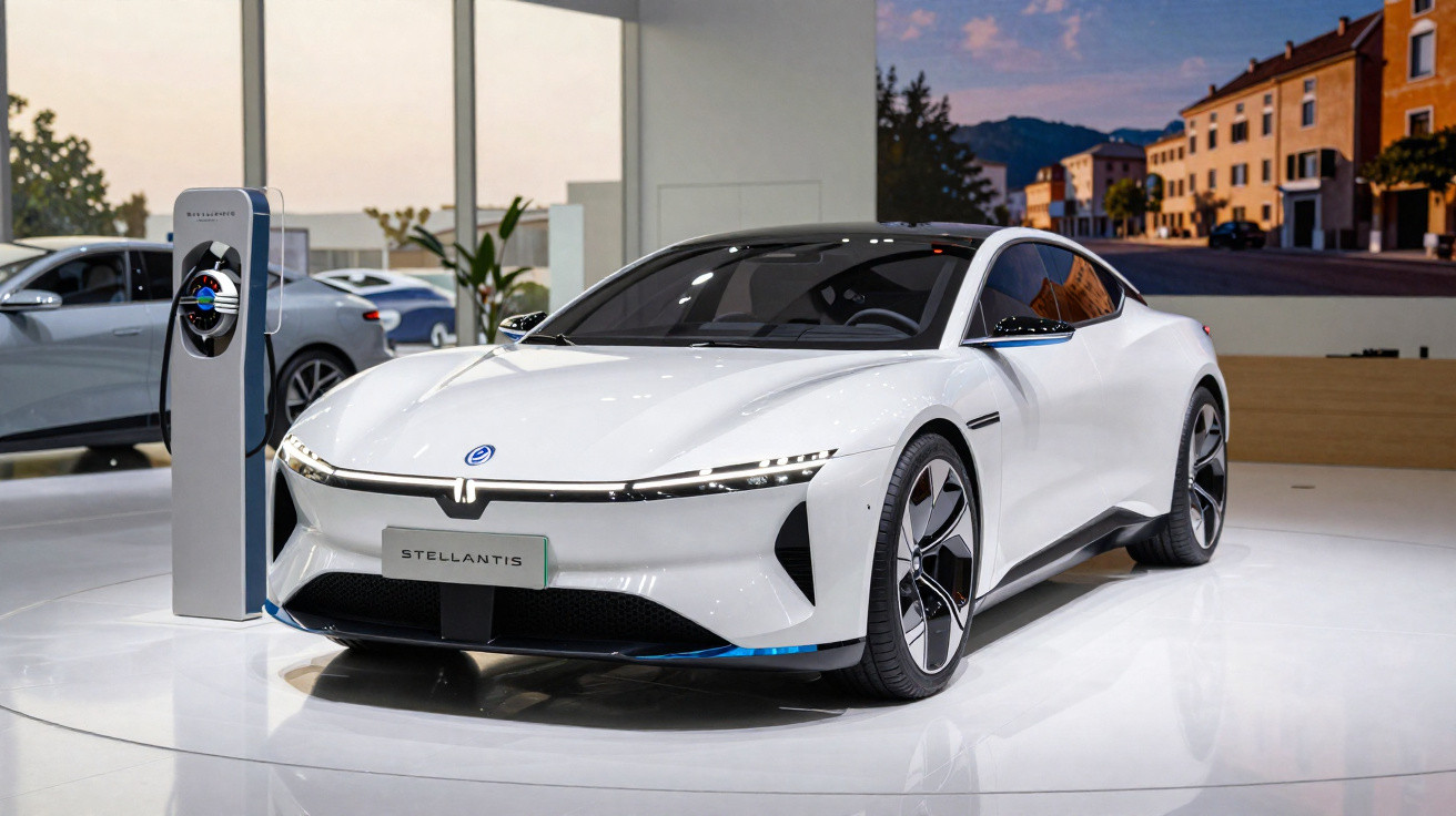 Carro elétrico branco da Stellantis em exposição, ao lado de estação de recarga.