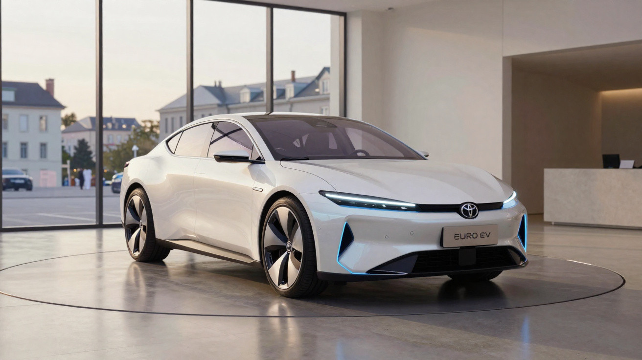 Carro elétrico branco Toyota Euro EV em showroom moderno com janelas grandes e piso brilhante.
