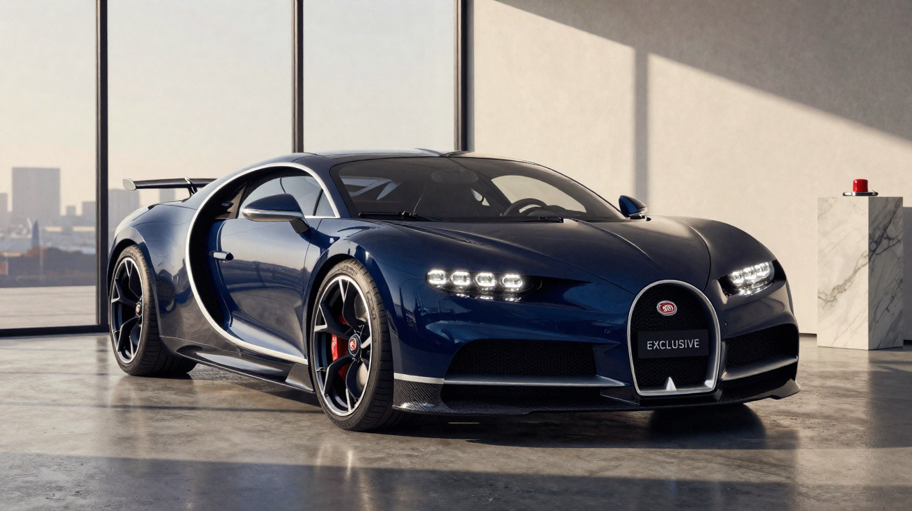 Carro esportivo azul escuro Bugatti Chiron estacionado em ambiente interno com piso de concreto e janela grande.
