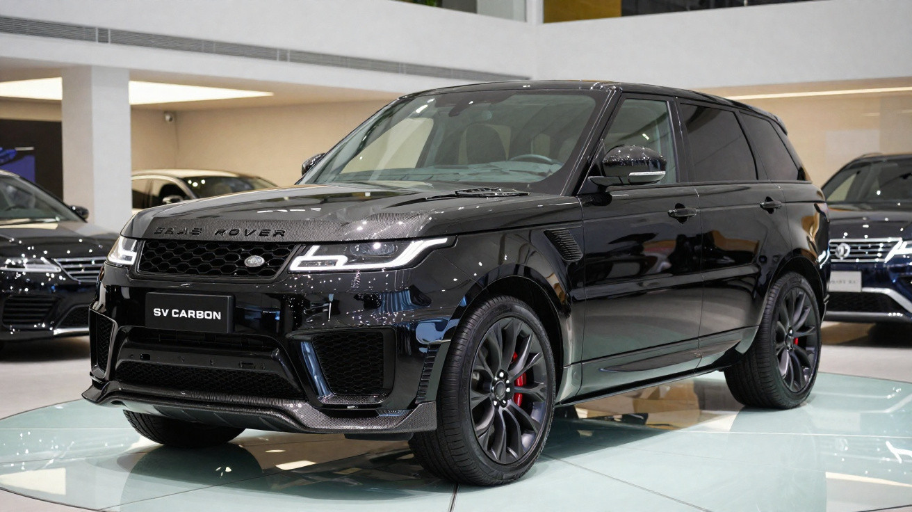 SUV preto Land Rover SV Carbon em exposição em showroom moderno.