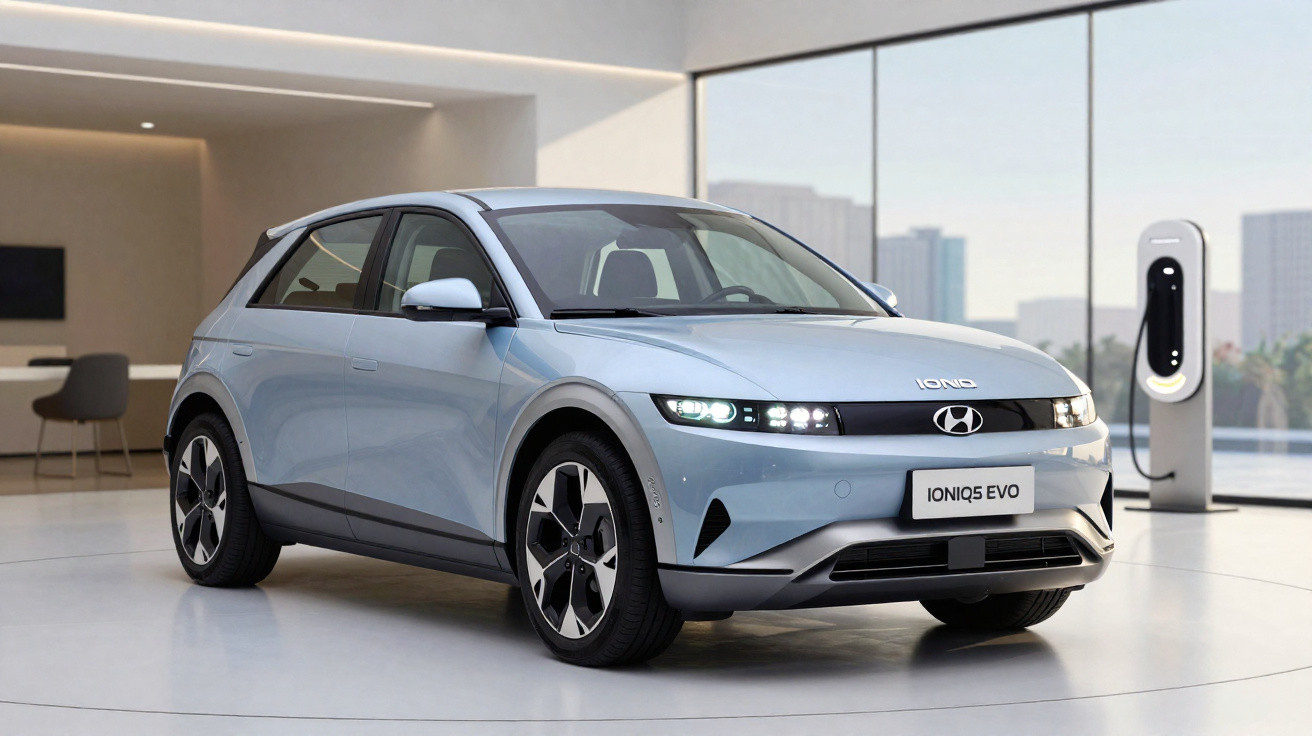 Carro elétrico Hyundai Ioniq 5 Evo azul em showroom moderno com carregador ao fundo.