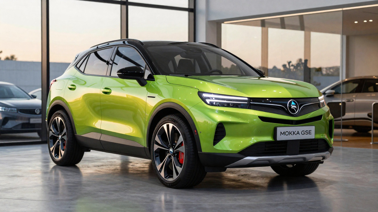 SUV elétrico verde Mokka GSE estacionado em showroom moderno com janelas amplas ao fundo.
