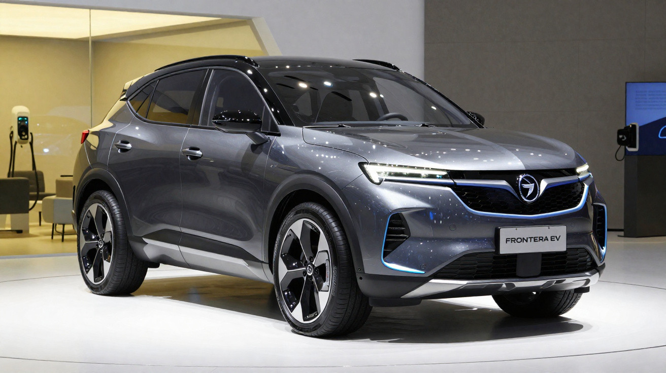 SUV elétrico cinza grafite Frontera EV exibido em salão de automóveis com rodas pretas e prata.