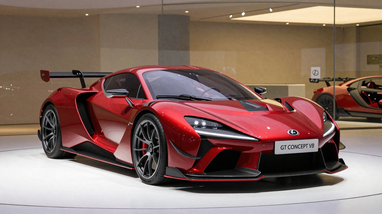 Carro esportivo vermelho GT Concept V8 exibido em salão automotivo com roda preta e detalhes aerodinâmicos.