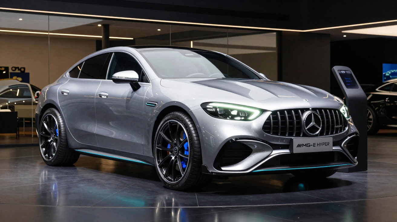 Mercedes-Benz AMG-E Hyper cinza estacionado em showroom moderno com iluminação ambiente.