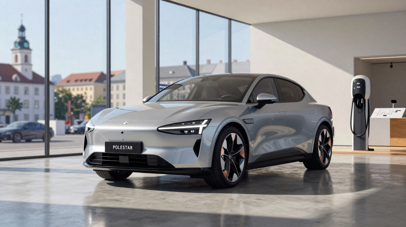 Carro elétrico cinza Polestar estacionado em showroom moderno com paredes de vidro e carregador elétrico.