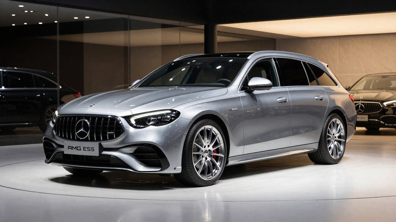 Carro Mercedes-Benz AMG E55 prata em exposição interna com fundo espelhado e iluminação ambiente.