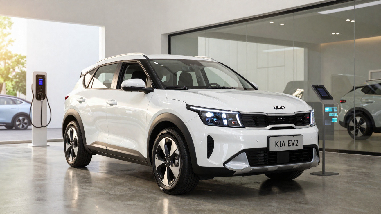 Carro elétrico branco Kia EV2 estacionado em showroom moderno com estação de recarga ao lado.