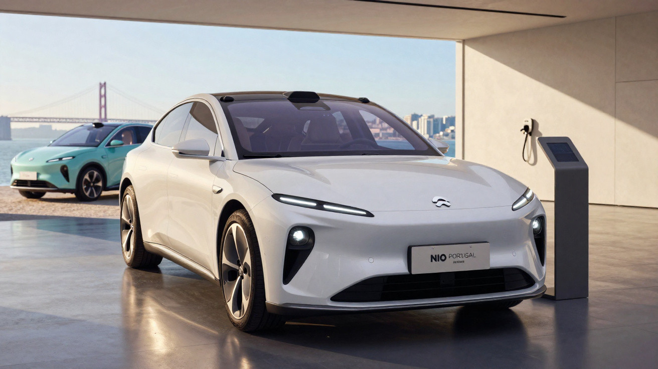 Carro elétrico branco estacionado ao lado de coluna de recarga em ambiente moderno com vista para ponte.