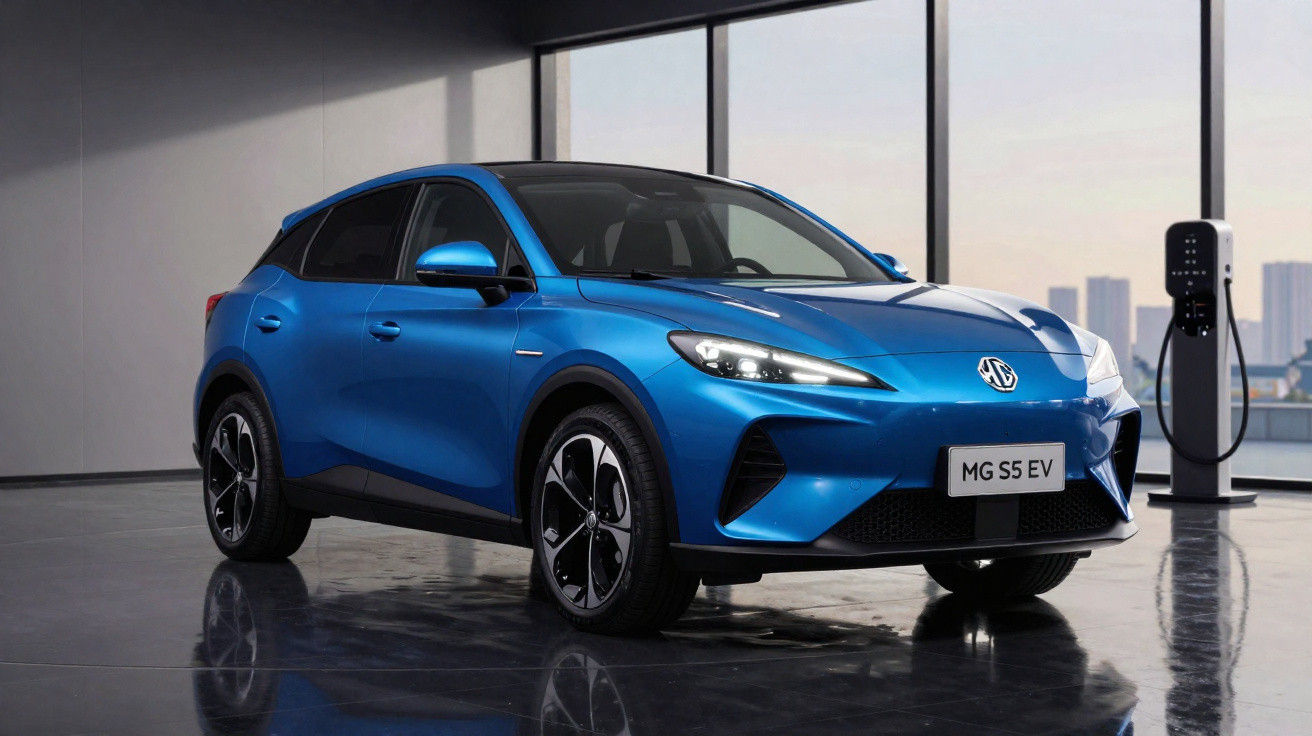 Carro elétrico azul MG S5 EV estacionado em ambiente interno moderno com carregador ao fundo.