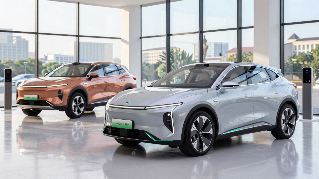 Dois carros elétricos modernos, um cinza e um cobre, expostos em showroom com parede de vidro ao fundo.