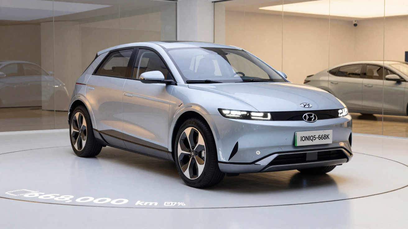 Carro elétrico Hyundai Ioniq 5 prata exibido em showroom moderno com vidro reflexivo.