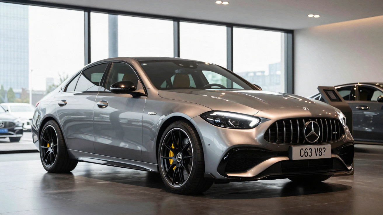 Carro esportivo Mercedes-Benz C63 V8 prata em showroom com rodas pretas e freios amarelos.