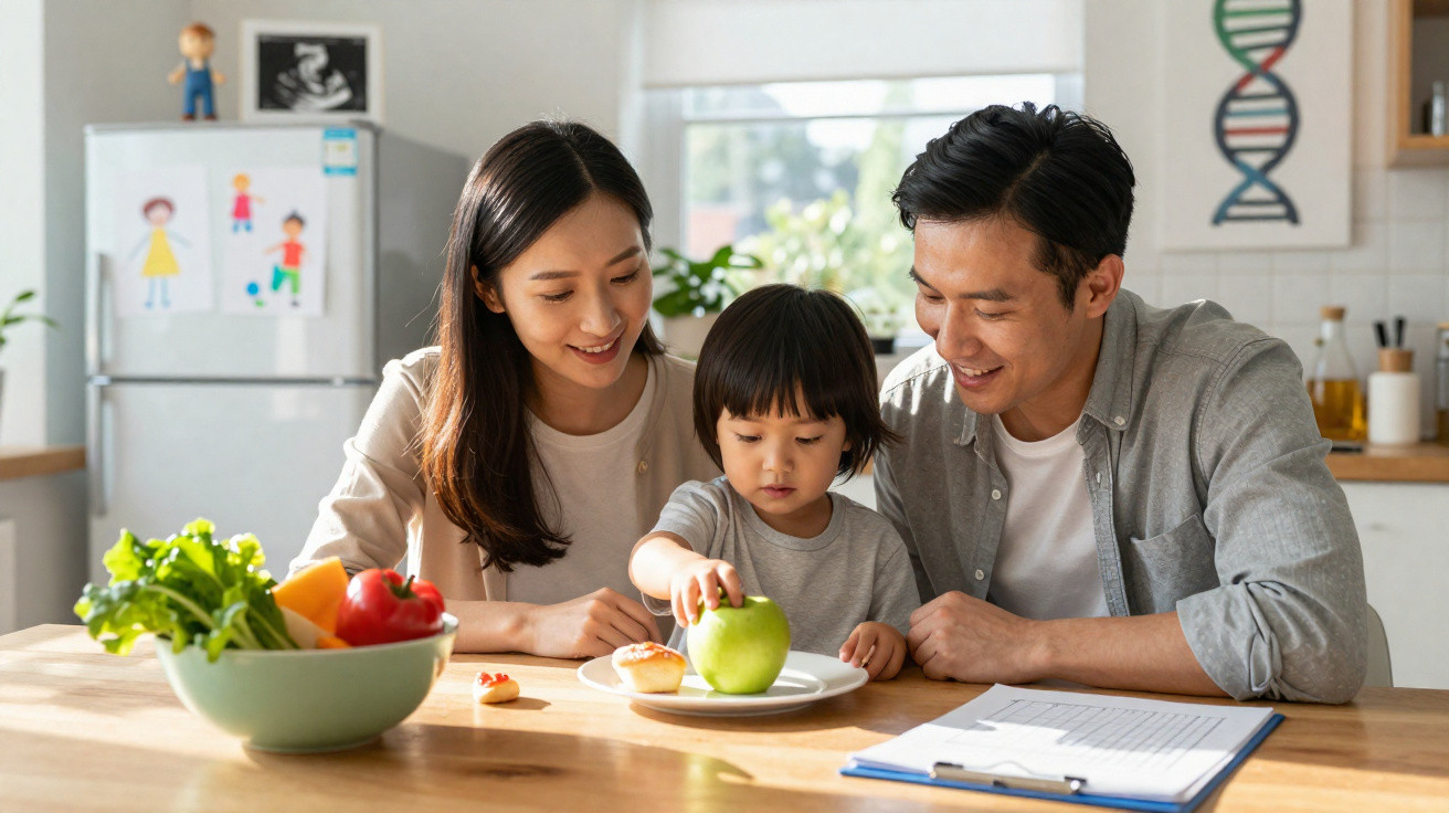 Família asiática com criança na cozinha, criança segurando maçã verde no prato, pais sorrindo.