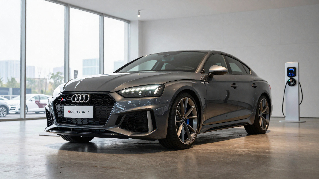 Carro esportivo Audi RS5 Hybrid cinza escuro em exibição dentro de showroom moderno com carregador elétrico ao fundo.