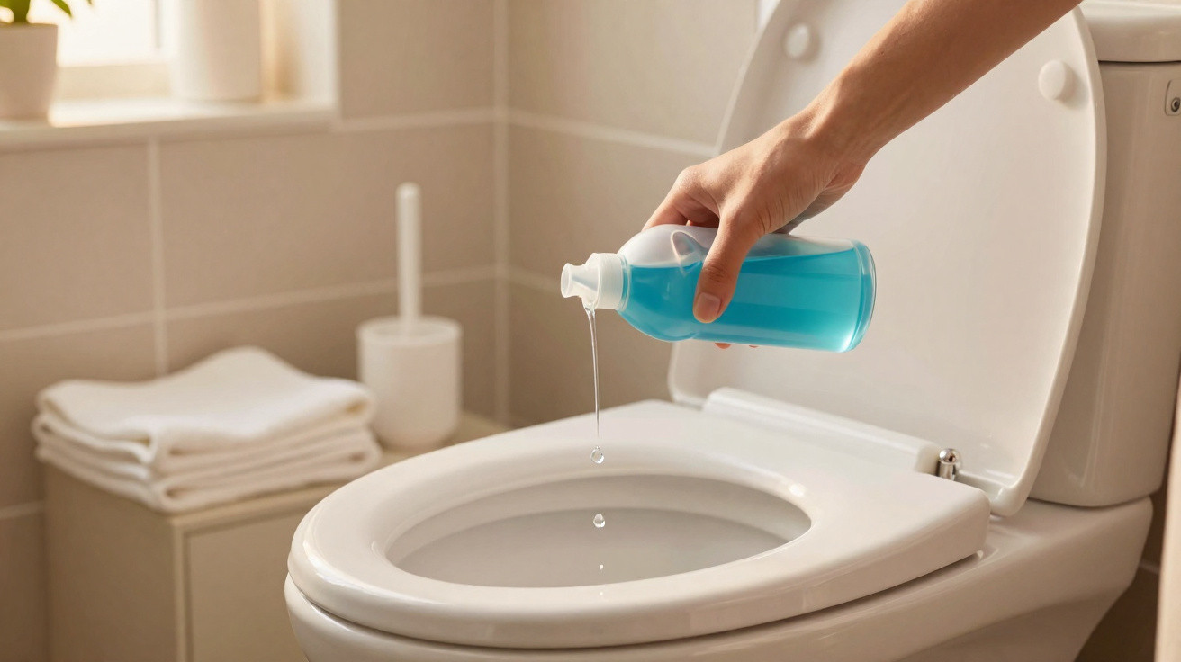 Mão despejando limpador azul dentro do vaso sanitário branco em banheiro com toalhas brancas.