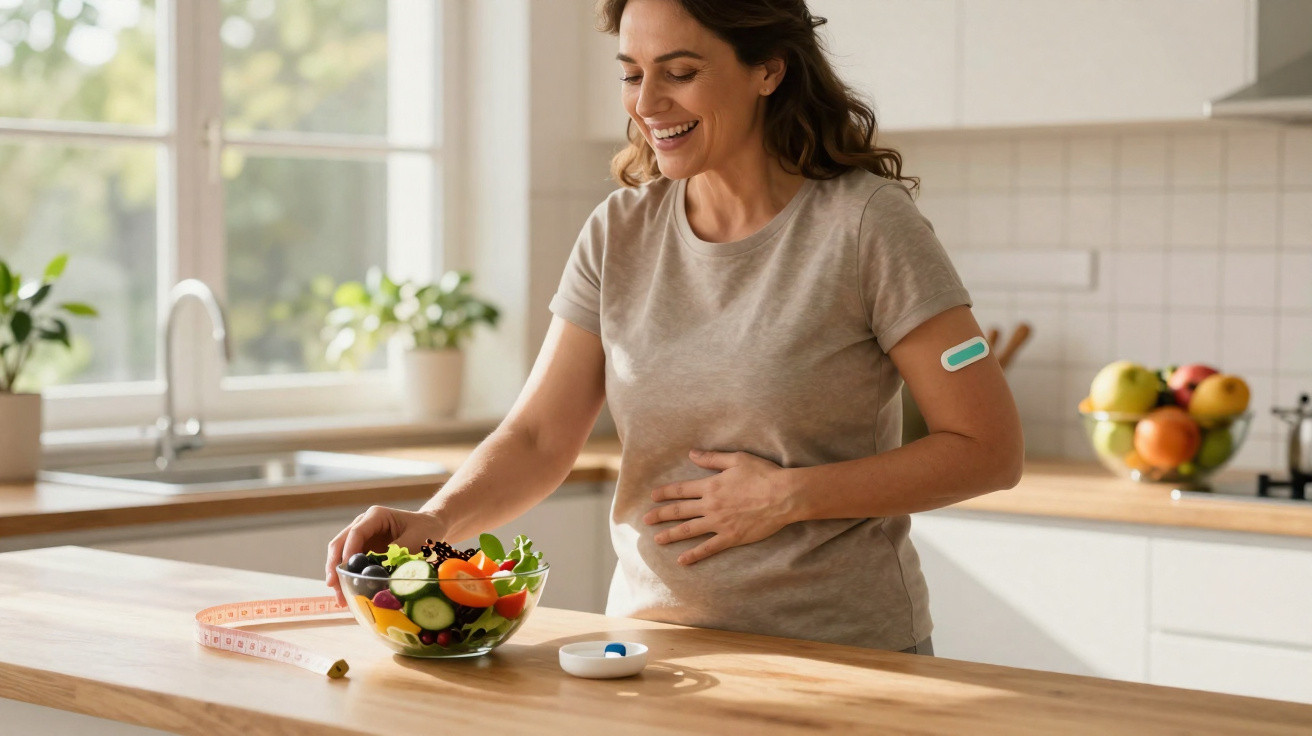 Mulher sorrindo com adesivo no braço, segurando a barriga e próxima a uma salada e comprimidos na cozinha.