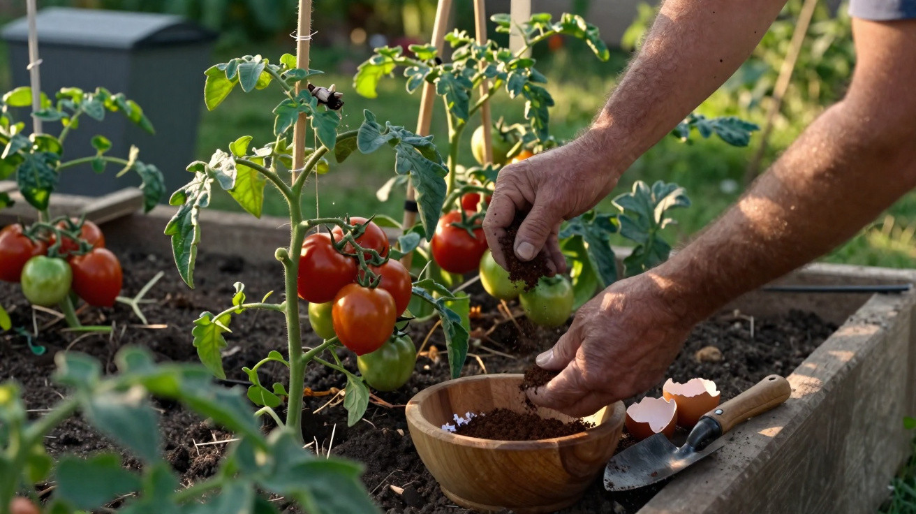 Mãos de pessoa plantando tomate com terra orgânica em horta caseira com tomates maduros e verdes.