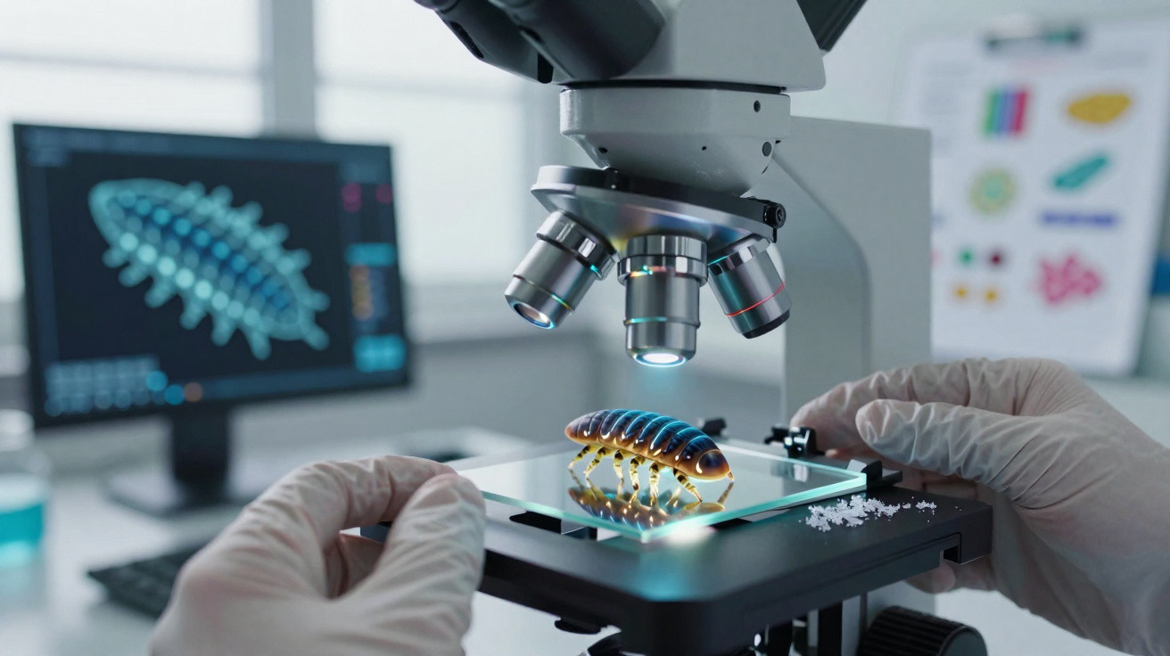 Microscópio focando em inseto modelado em holograma com cientista ajustando a lâmina de vidro.