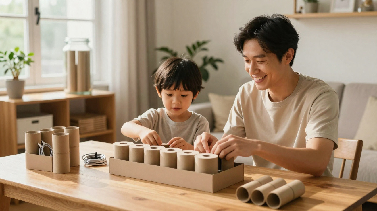Pai e filho asiáticos brincando com brinquedo educativo feito de papelão em mesa de madeira.