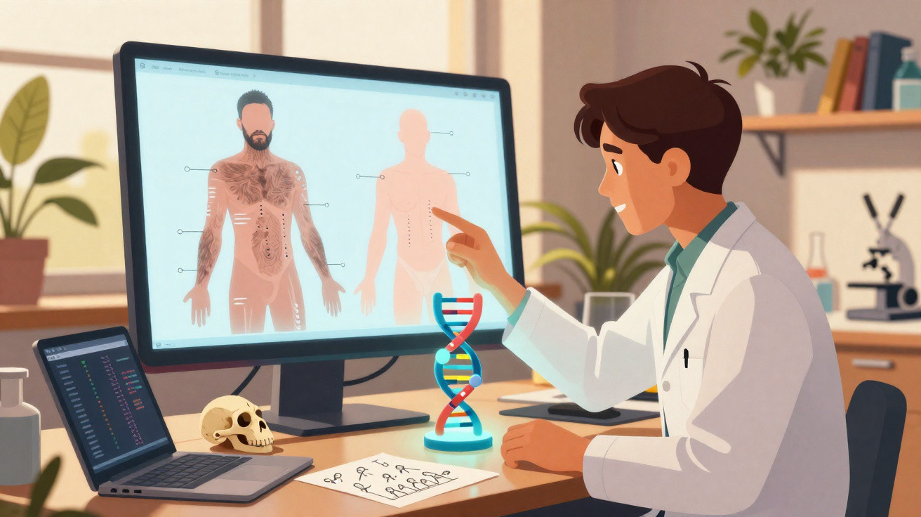 Médico analisando imagens do corpo humano e DNA em um consultório com equipamentos científicos ao redor.