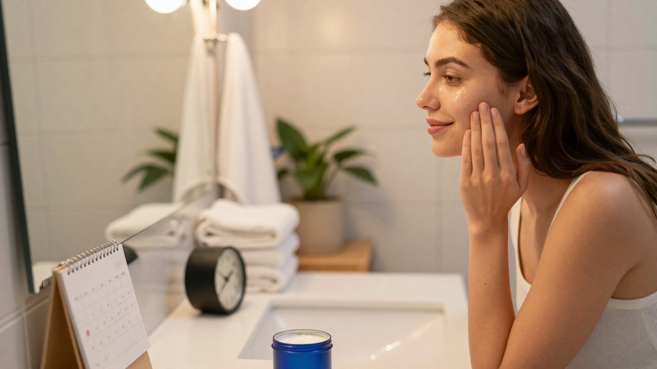 Mulher aplicando creme facial diante do espelho em banheiro iluminado e organizado.