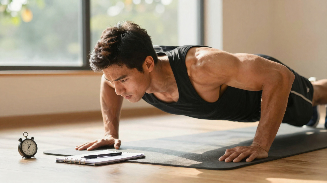 Homem fazendo flexão em tapete de yoga olhando para cronômetro e caderno durante treino em casa.