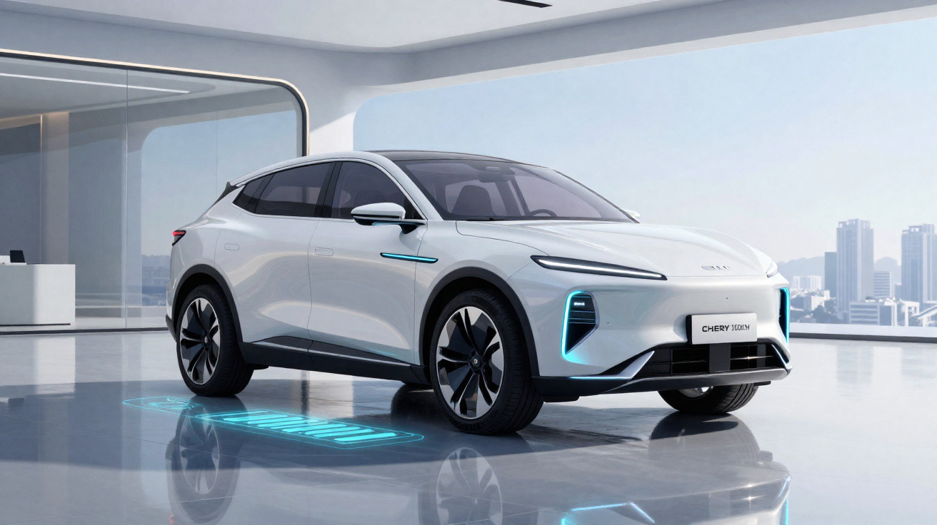 Carro elétrico branco moderno estacionado em ambiente interno com design futurista e iluminação azul.