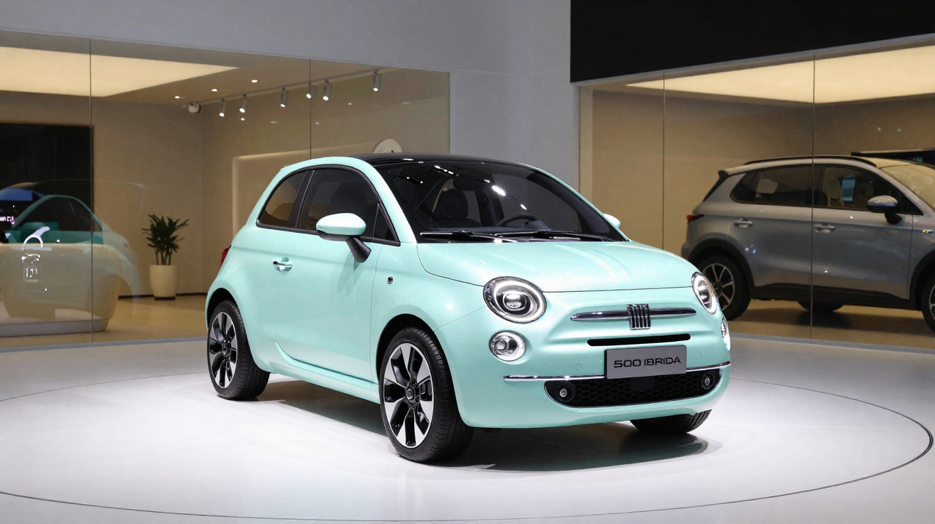 Carro compacto Fiat 500 verde-água exibido em ambiente de showroom moderno com paredes espelhadas.