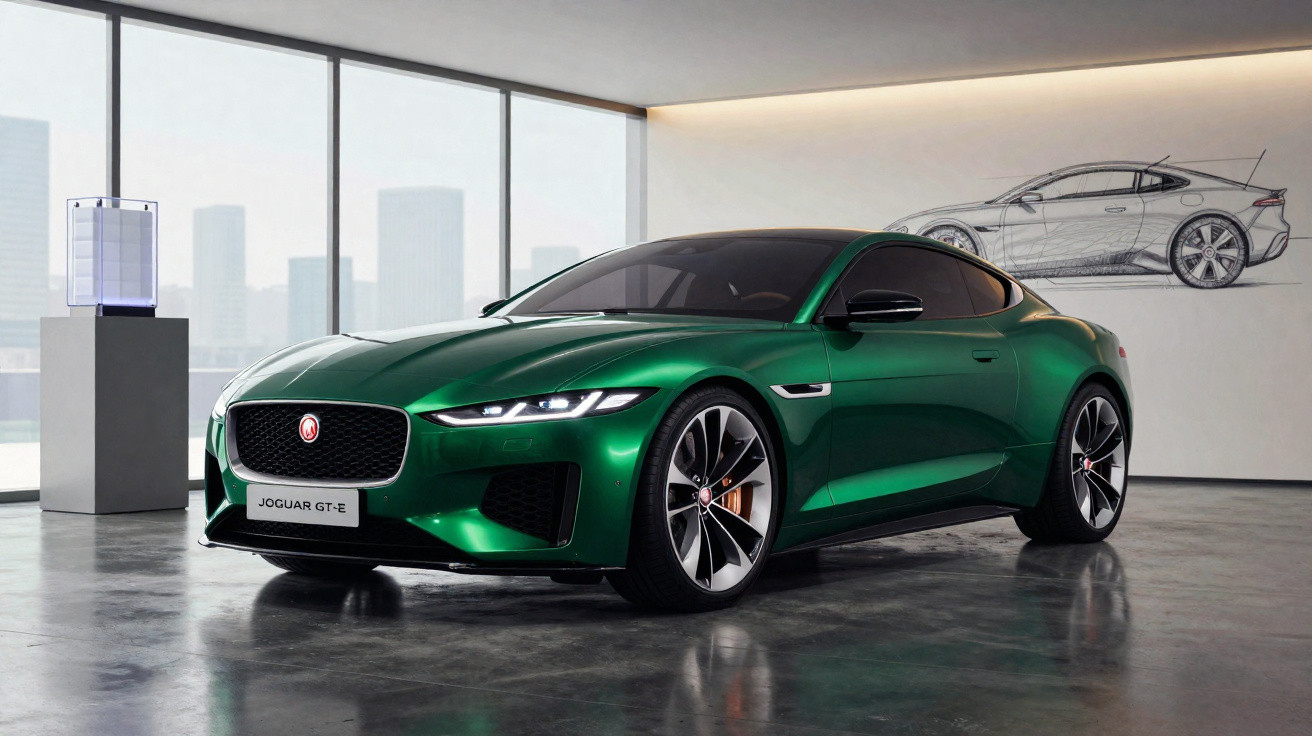 Carro esportivo Jaguar GT-E verde brilhante em exposição com desenho do modelo na parede ao fundo.