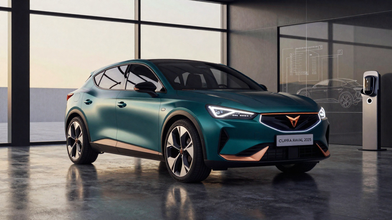 Carro elétrico Cupra Raval 2025 verde em ambiente moderno com carregador elétrico ao lado.