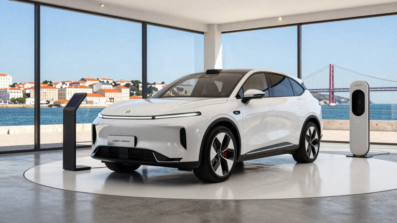 Carro elétrico branco moderno exposto em showroom com vista para cidade e ponte ao fundo.