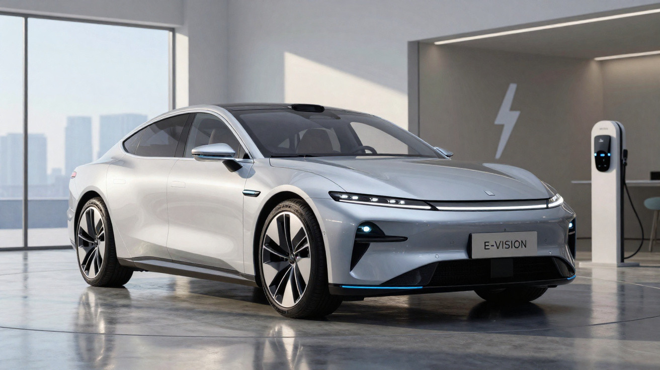 Carro elétrico prata modelo E-Vision estacionado em garagem moderna com estação de recarga.