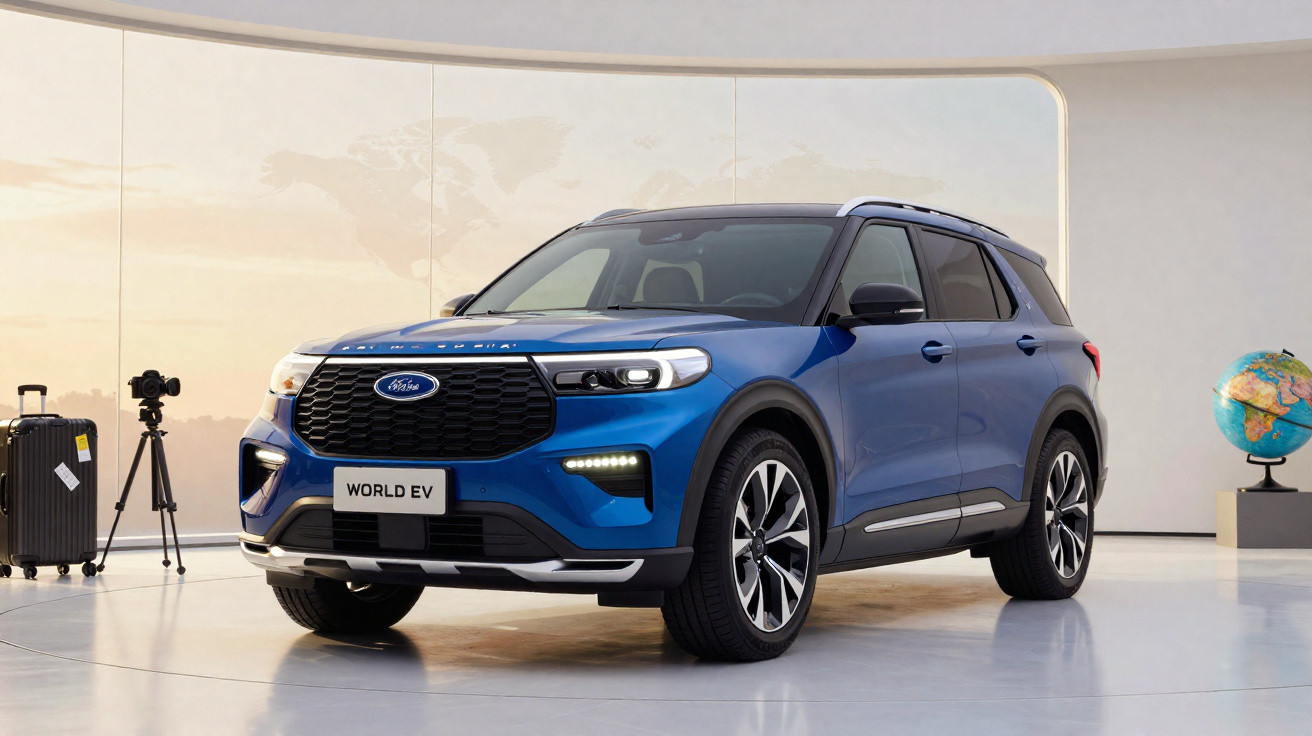 SUV elétrico azul Ford World EV em ambiente interno com mala, câmera em tripé e globo terrestre.
