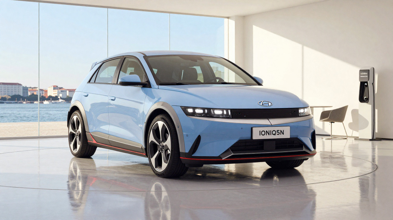 Carro elétrico Hyundai Ioniq 5N azul estacionado em ambiente interno com vista para o mar.