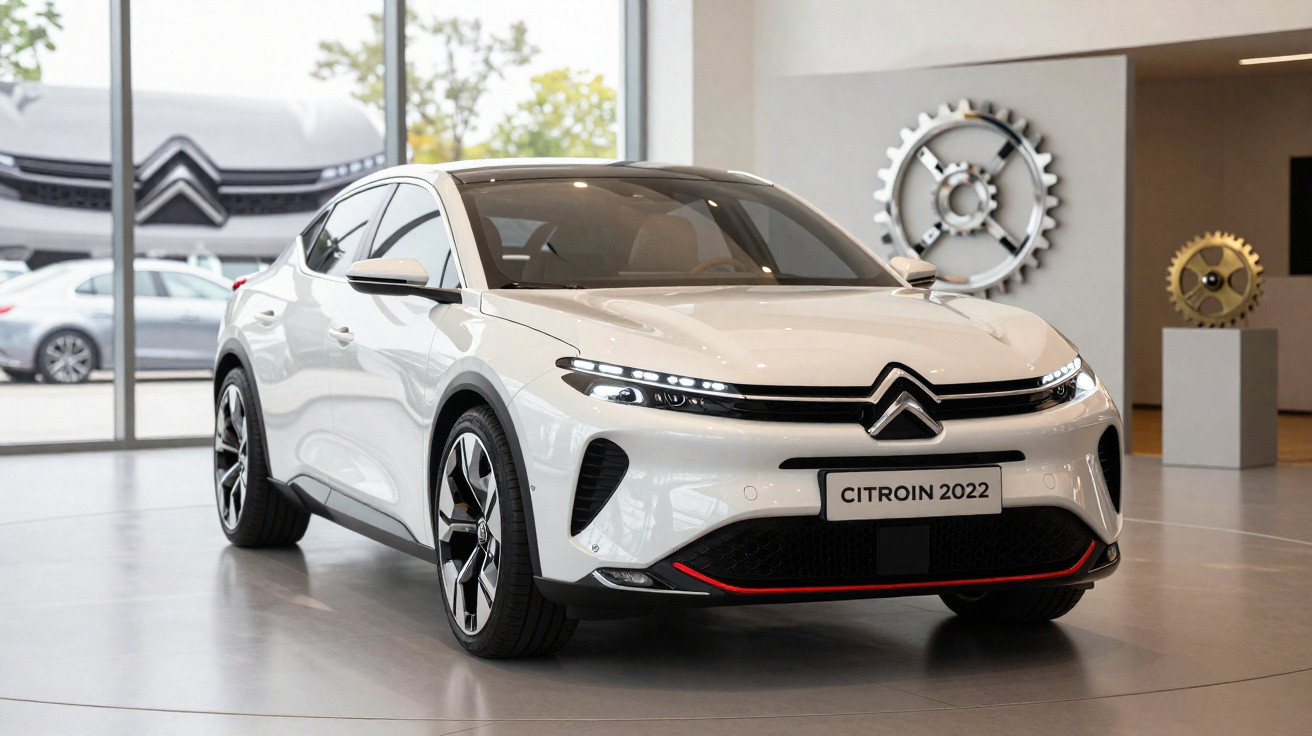 Carro elétrico Citroën 2022 branco exposto em showroom moderno com rodas esportivas e design futurista.
