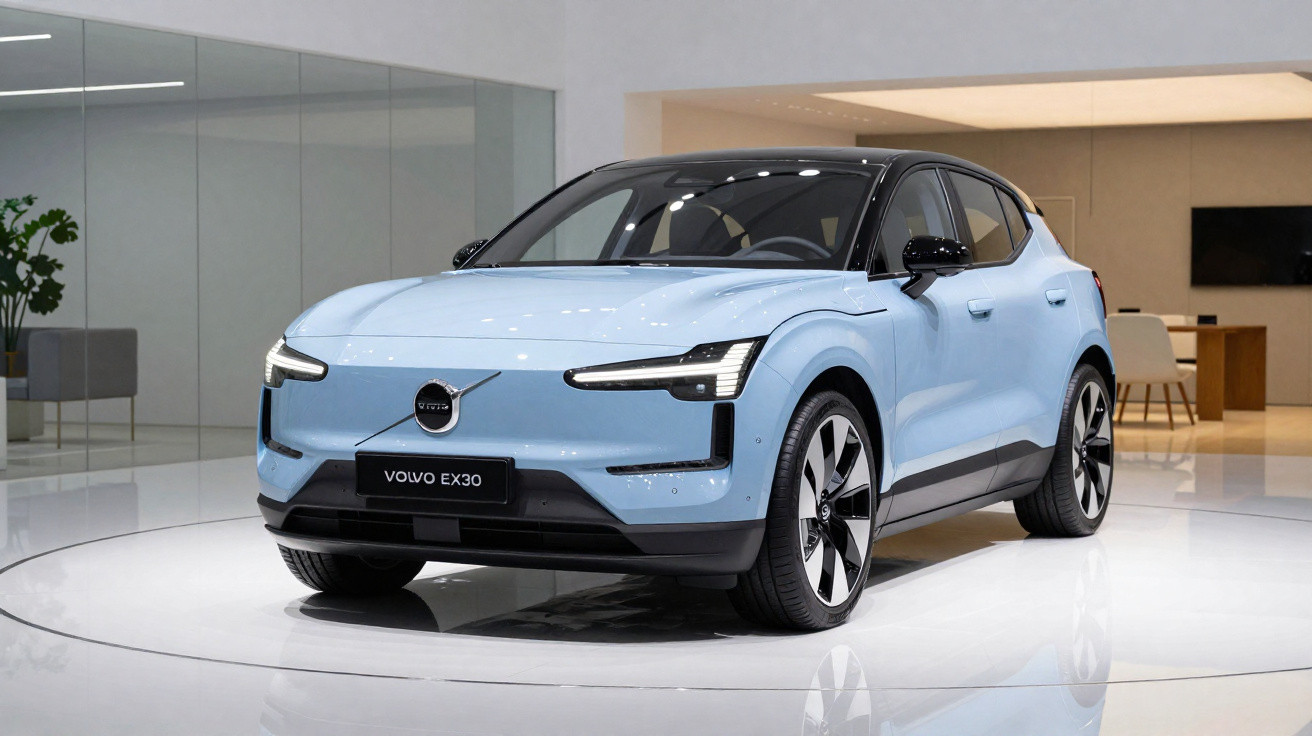 Carro elétrico Volvo EX30 azul claro exibido em salão moderno com piso branco refletivo.