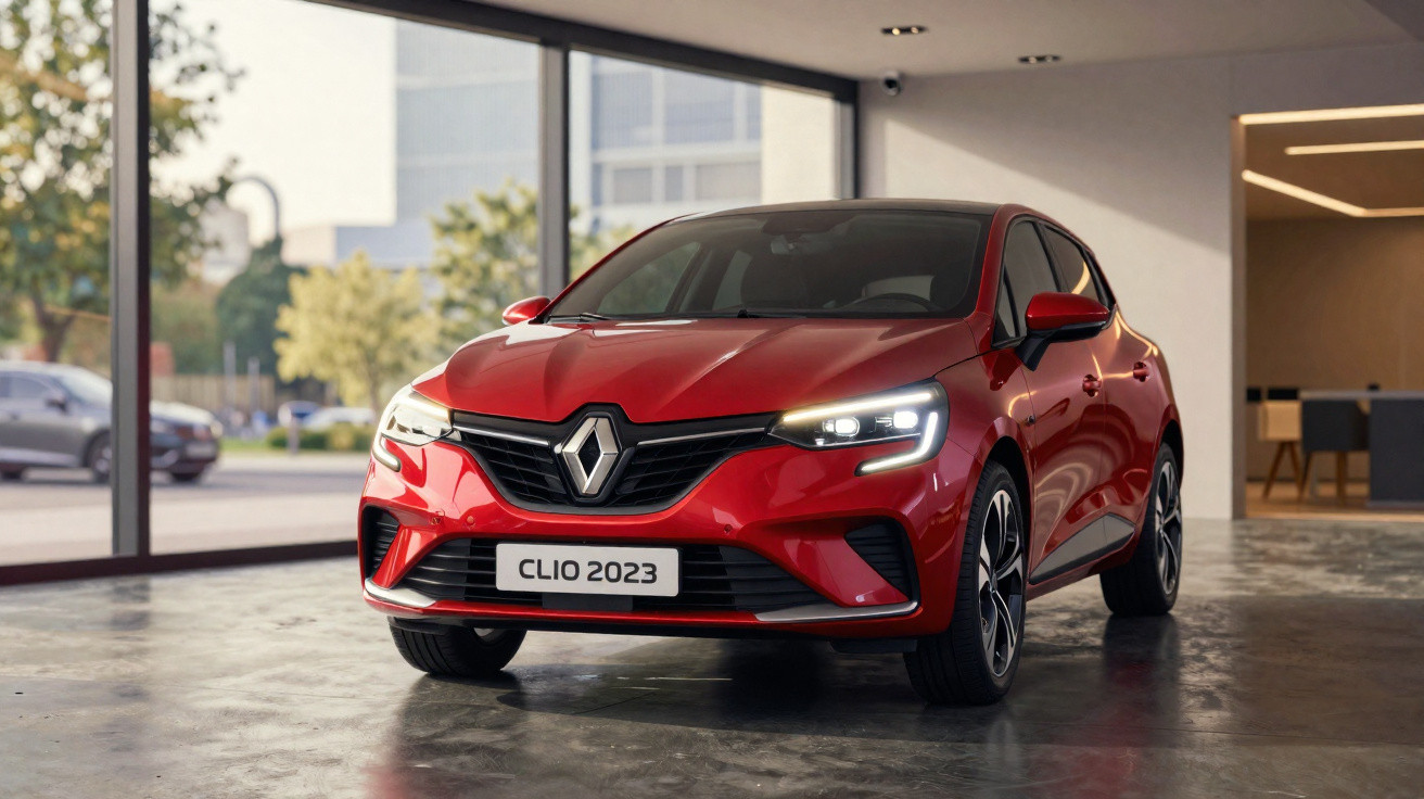 Carro vermelho Renault Clio 2023 em showroom com piso refletivo e janelas amplas ao fundo.
