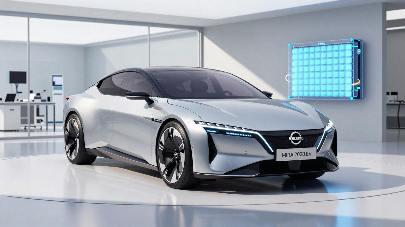 Carro elétrico esportivo prata MIRA 2028 EV em ambiente moderno e minimalista com luzes azuis.