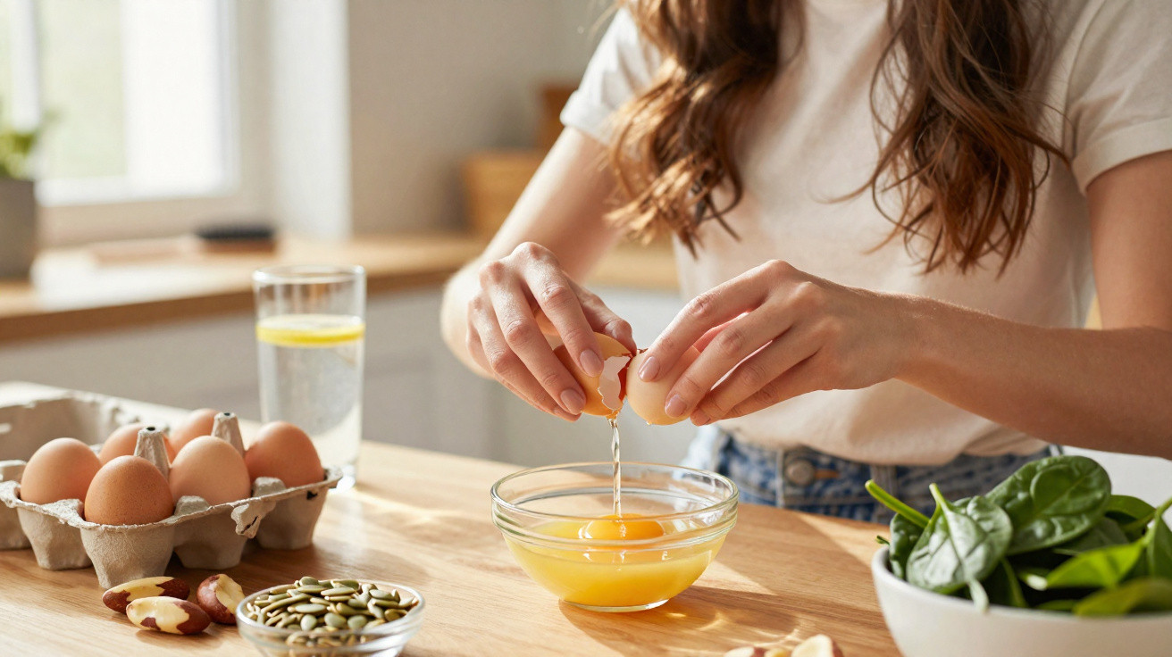 Mulher quebra ovo em tigela de vidro em cozinha com ingredientes saudáveis sobre mesa de madeira.