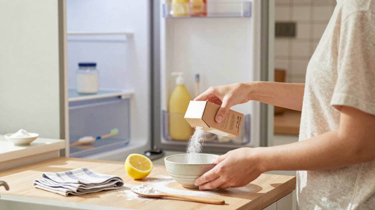 Pessoa preparando mistura em uma tigela na bancada da cozinha, com limão e utensílios ao redor.