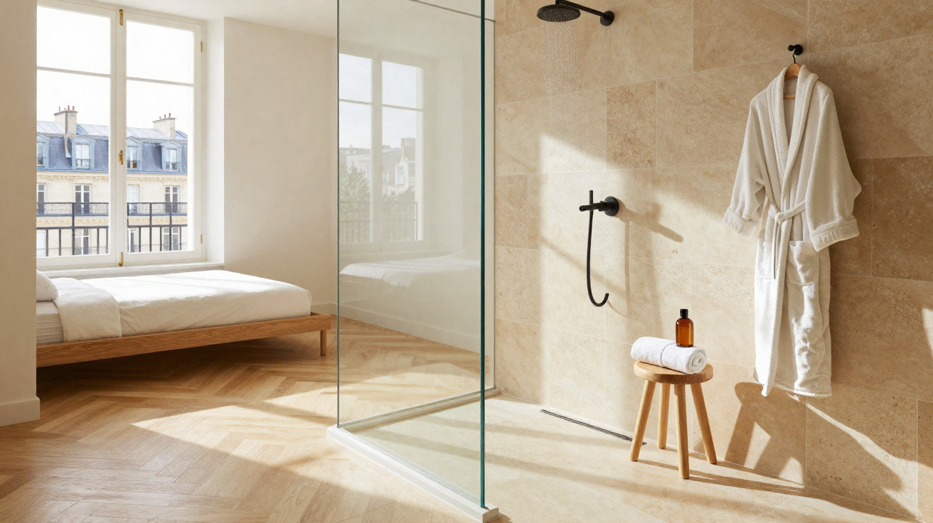 Banheiro minimalista com box de vidro, toalha branca pendurada, banco de madeira e cama ao fundo iluminada.