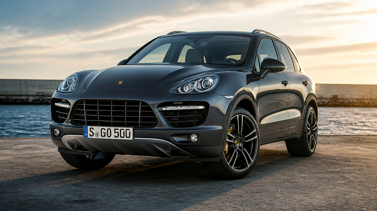 SUV Porsche Cayenne cinza estacionado próximo ao mar durante o pôr do sol.