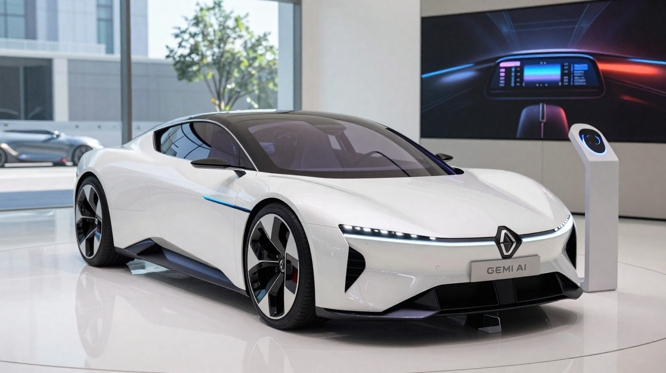 Carro esportivo elétrico branco estacionado em exposição com painel digital futurista ao fundo.